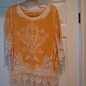 Women's Mustard Yellow Crochet Trim Blouse